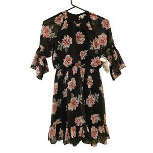NWT Ava & Yelly Black Floral Dress Mini Ruched Flounce 3/4 Sleeve Girls Size 12